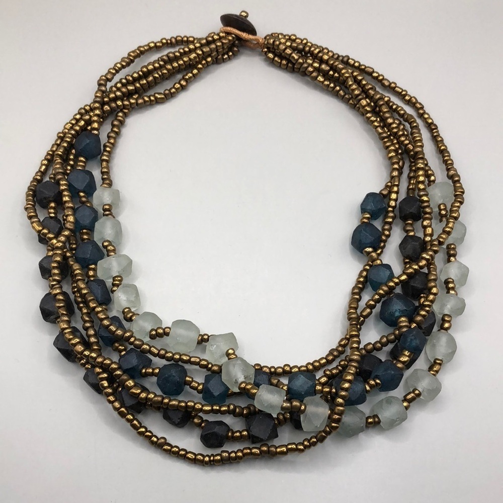 Artisan multi layered recycled glass bead boho statement style necklace.
